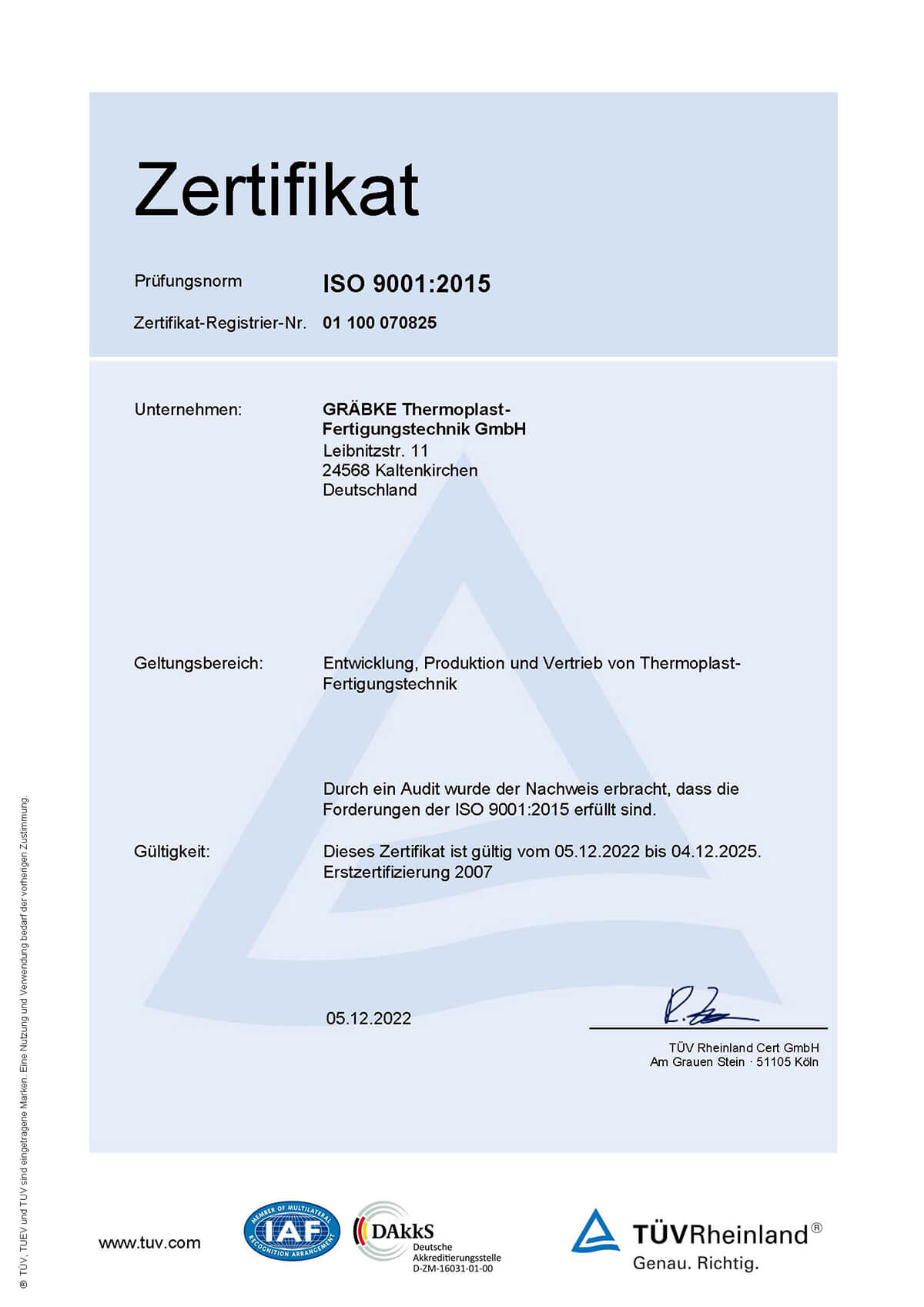 Gräbke Thermoplast-Fertigungstechnik – ISO-Zertifikat 9001:2015 gültig von Dez. 2022 bis Dez. 2025